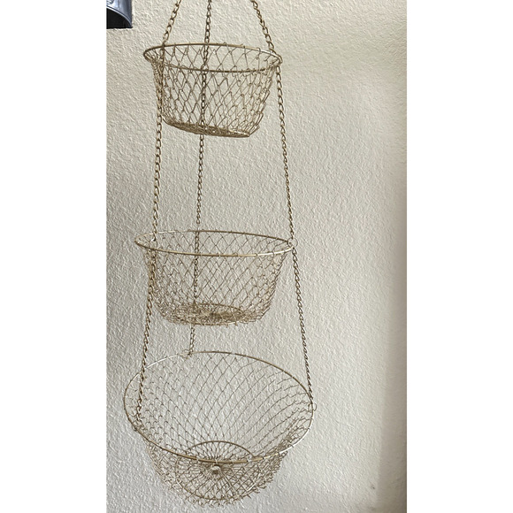 Vintage 3 Tier Copper Wire Hanging Fruit Basket Collapsible Kitchen Storage 36" - Picture 1 of 4
